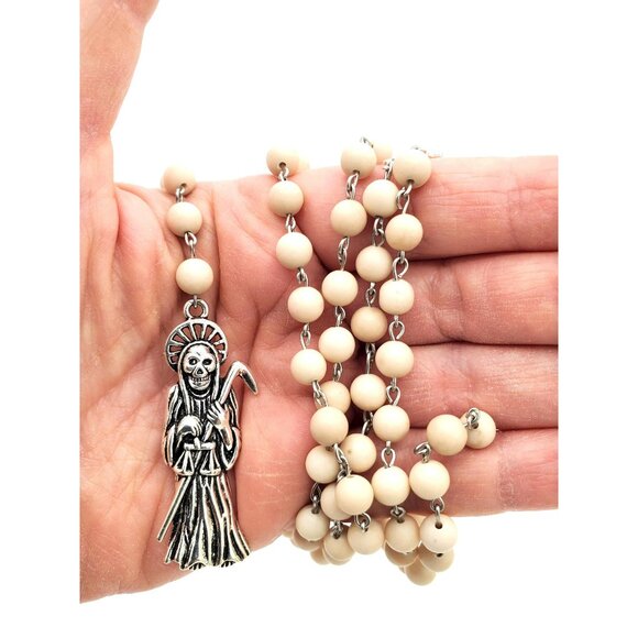 Handmade Natural Fossil Stone Bead Santa Muerte Rosary Holy Death Amulet Devotee - Picture 1 of 12